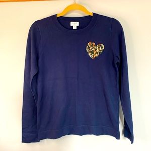 J. Crew Teddie Long Sleeve Navy Sweater with Sequin Cheetah Heart/100% Cotton M